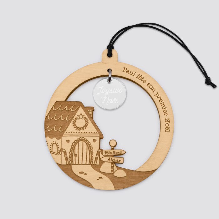 Boule de noël personnalisée bois gravé - édition spéciale "Maison pain d'épices" - premier noël argent