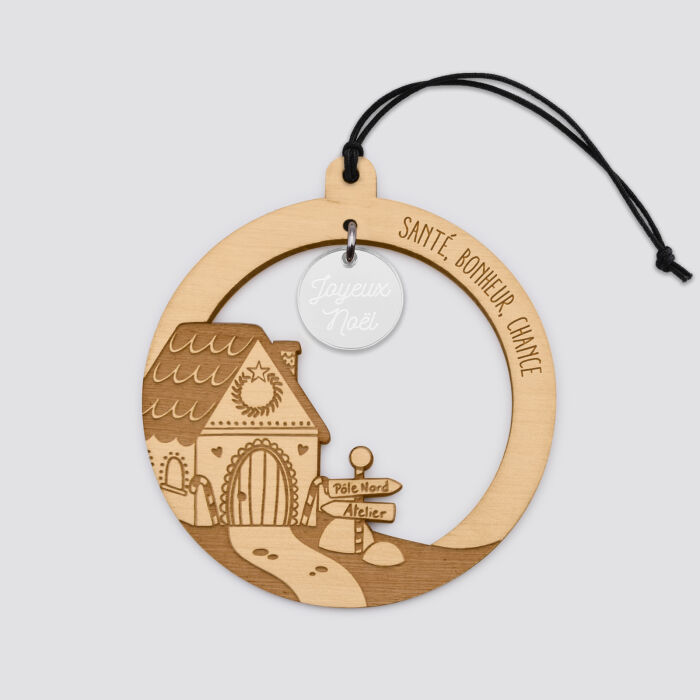 Boule de noël personnalisée bois gravé - édition spéciale "Maison pain d'épices" - voeux argent