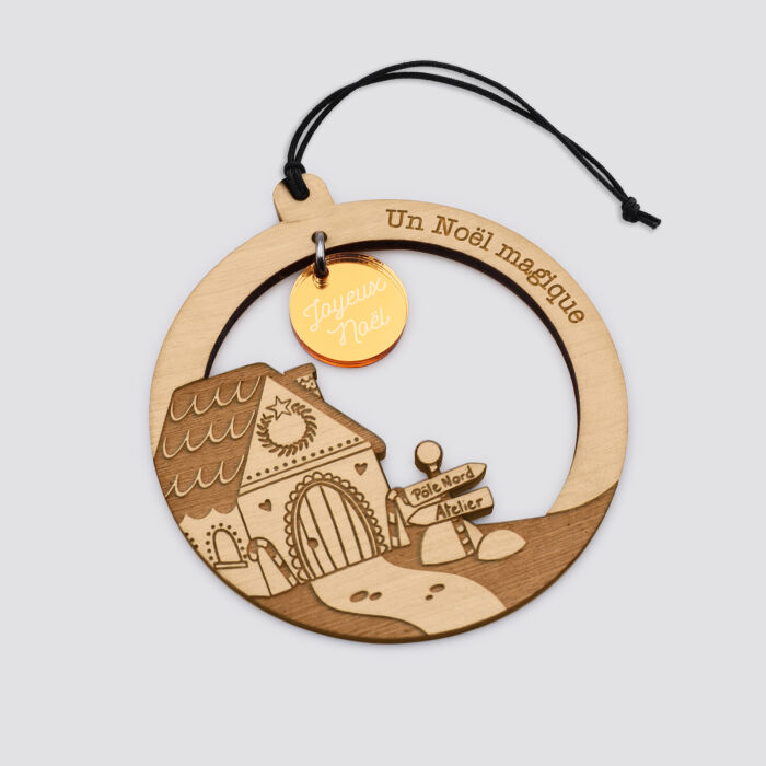 Boule de noël personnalisée bois gravé - édition spéciale "Maison pain d'épices" - noël magique doré