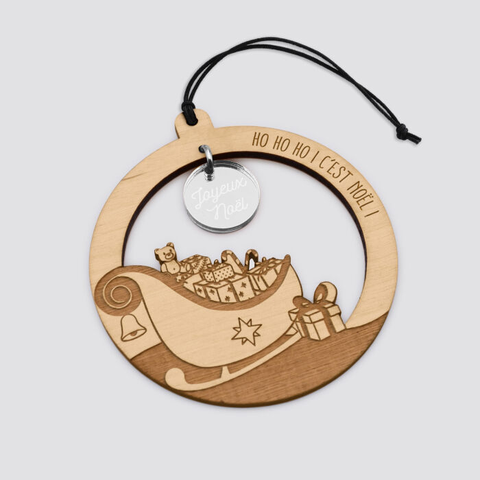 Boule de Noël personnalisée bois gravé - édition spéciale "Le traineau du Père Noël" - ho, ho, ho argent