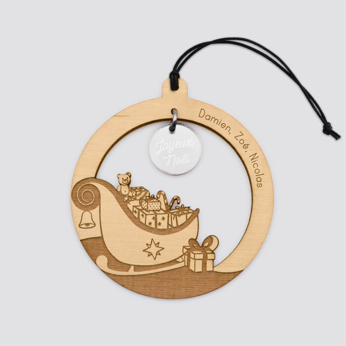 Boule de Noël personnalisée bois gravé - édition spéciale "Le traineau du Père Noël" - 3 prénoms argent