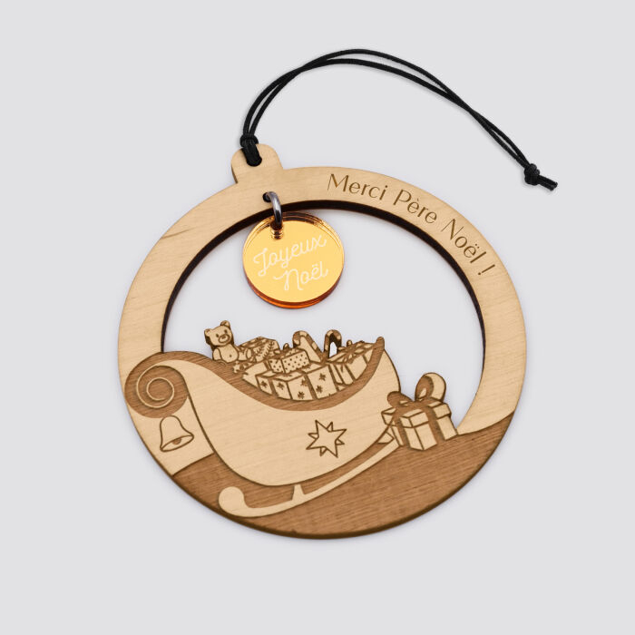 Boule de Noël personnalisée bois gravé - édition spéciale "Le traineau du Père Noël" - merci père Noël doré