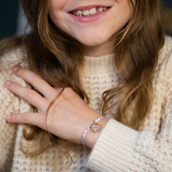 Bracelet enfant personnalisé liberty médaille gravée plaqué or rose 15 mm - Ecrit
