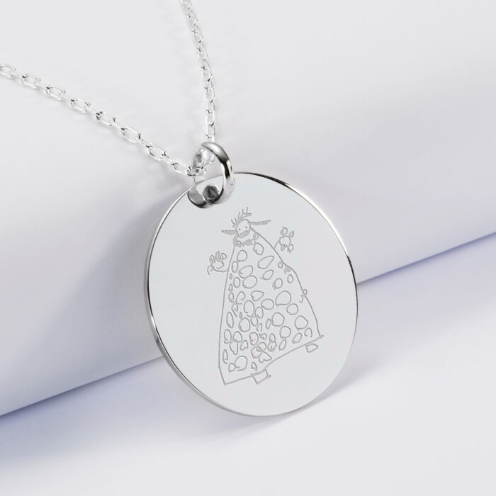 Personalised engraved silver medallion pendant 27 mm - sketch