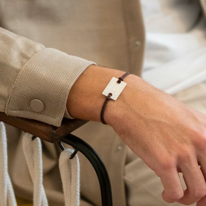 Bracelet homme personnalisé cordon doublé médaille gravée argent rectangle 23x16 mm - Dessin