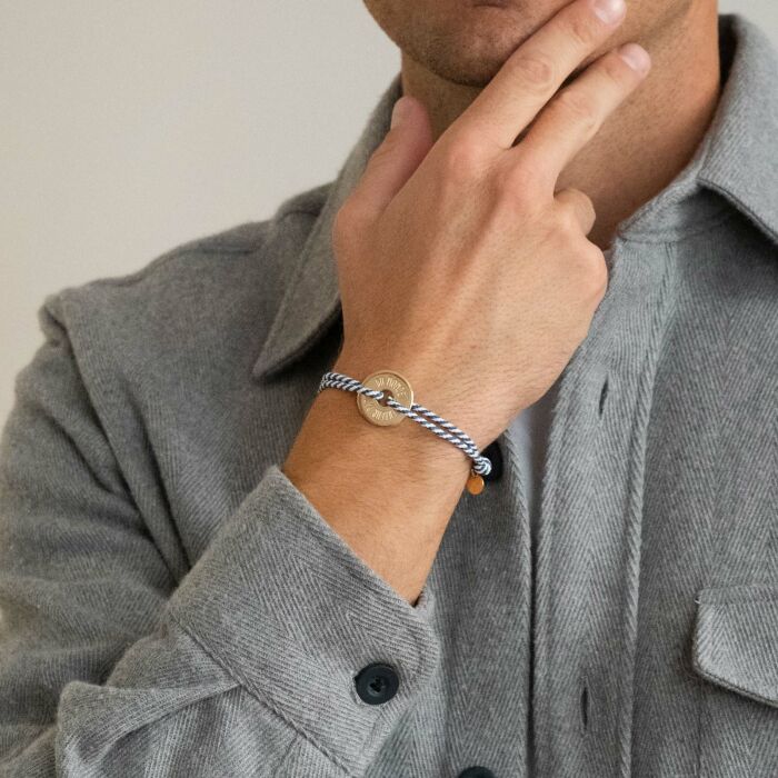 Bracelet homme personnalisé cordon marin tressé médaille gravée plaqué or cible 20 mm - texte papa gravé