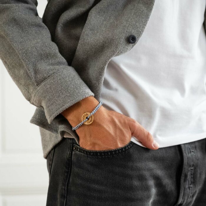 Personalised men's bracelet braided cord medal engraved wood target round 21 mm