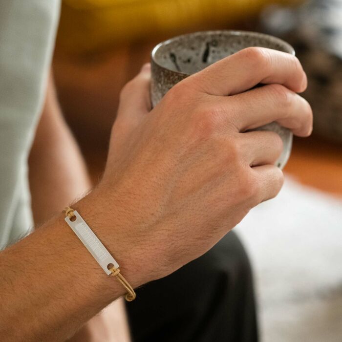 Men's double cord "coded message" bracelet with personalised engraved silver plaque medallion 42x8mm