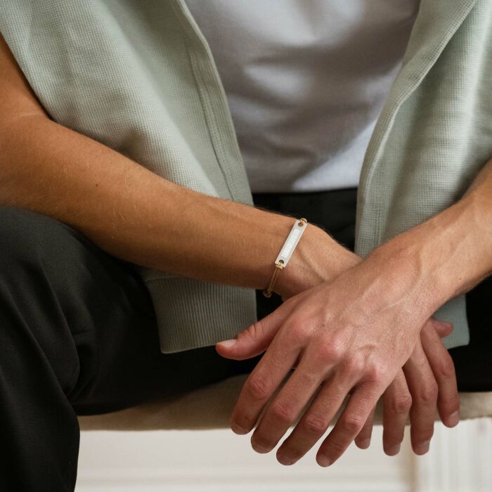 Men's double cord "coded message" bracelet with personalised engraved silver plaque medallion 42x8mm