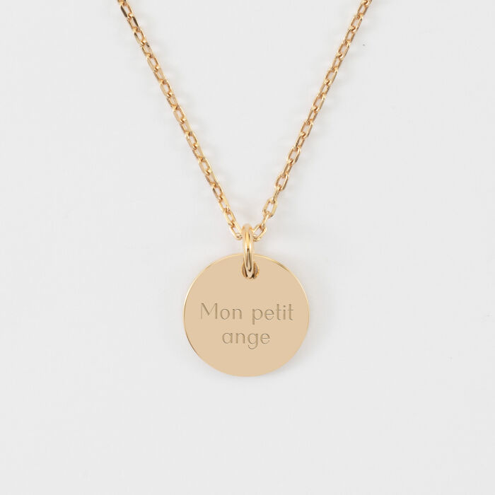 Pendentif enfant personnalisé médaille martelée gravée plaqué or 15 mm - Texte