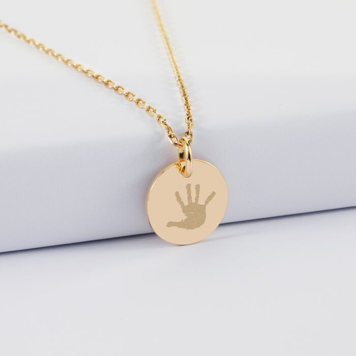 Pendentif enfant personnalisé médaille martelée gravée plaqué or 15 mm - Empreinte main