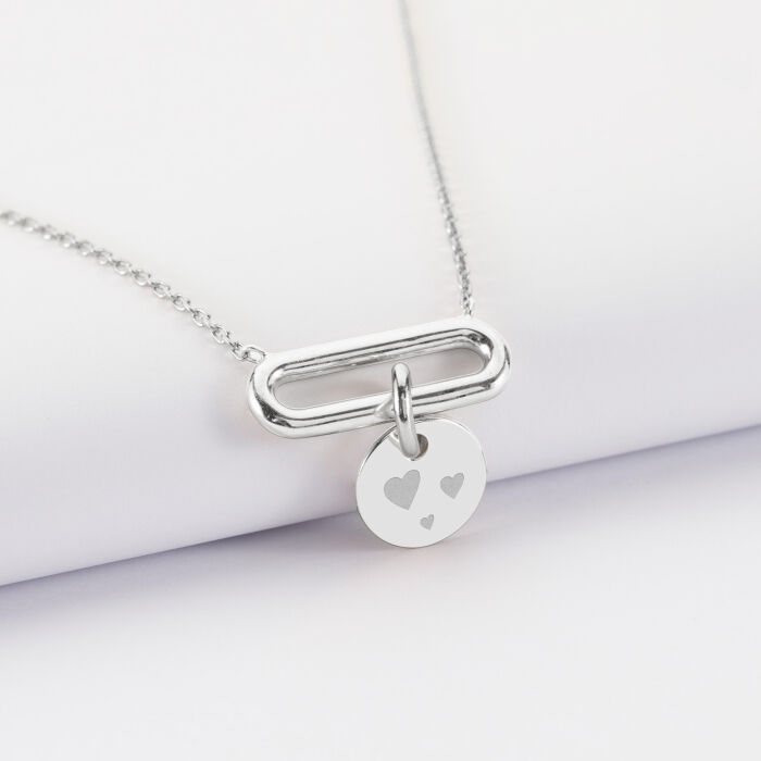 Collier chaîne ovale ouvert personnalisé médaille gravée argent 10 mm - coeurs