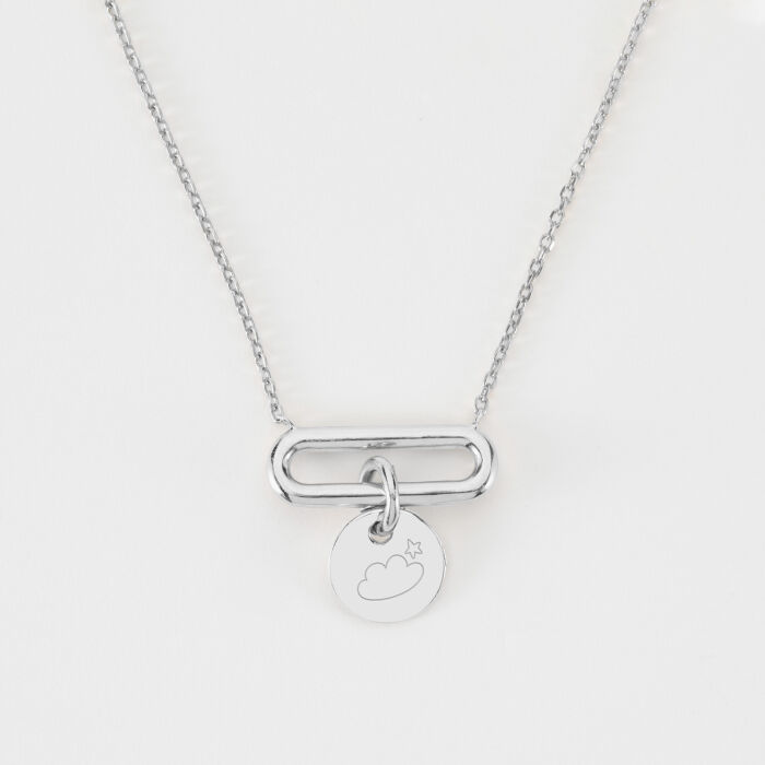 Collier chaîne ovale ouvert personnalisé médaille gravée argent 10 mm - nuage