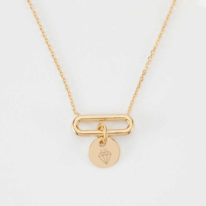 Collier chaîne ovale ouvert personnalisé médaille gravée plaqué or 10 mm - diamant