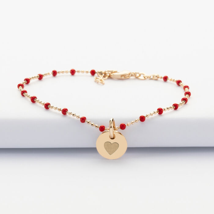 Bracelet perles colorées personnalisé médaille gravée plaqué or 10 mm - coeur