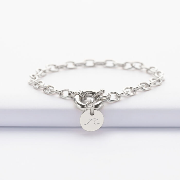 Bracelet personnalisé chaine fermoir marin médaille gravée argent 10 mm - vague