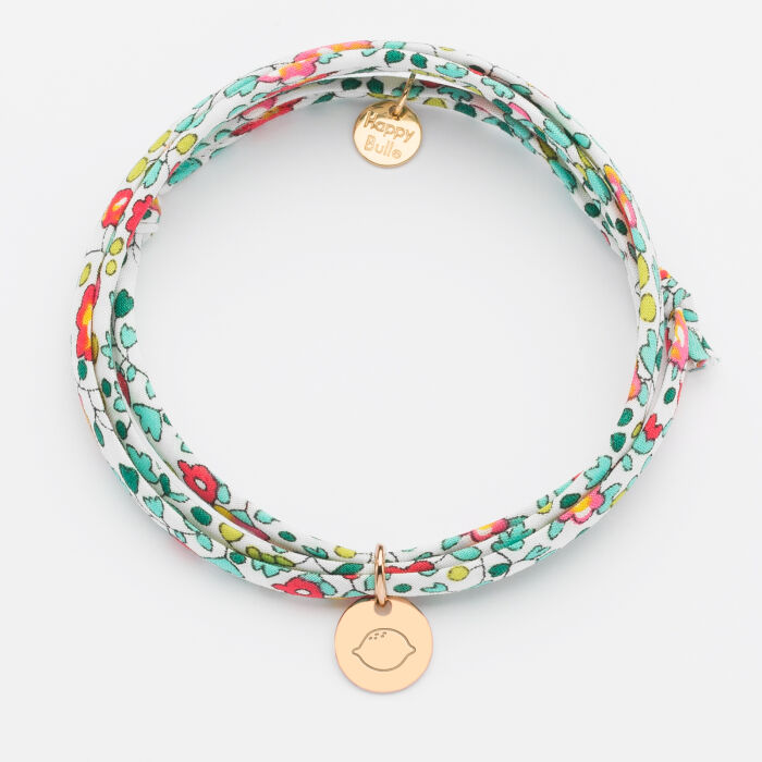 Bracelet 3 tours Liberty personnalisé initiale médaille gravée plaqué or 10 mm - citron