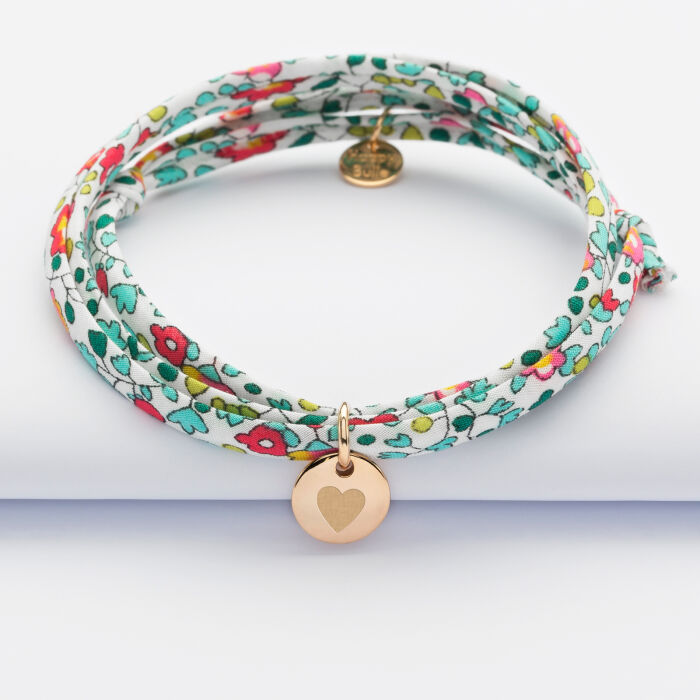 Bracelet 3 tours Liberty personnalisé initiale médaille gravée plaqué or 10 mm - coeur