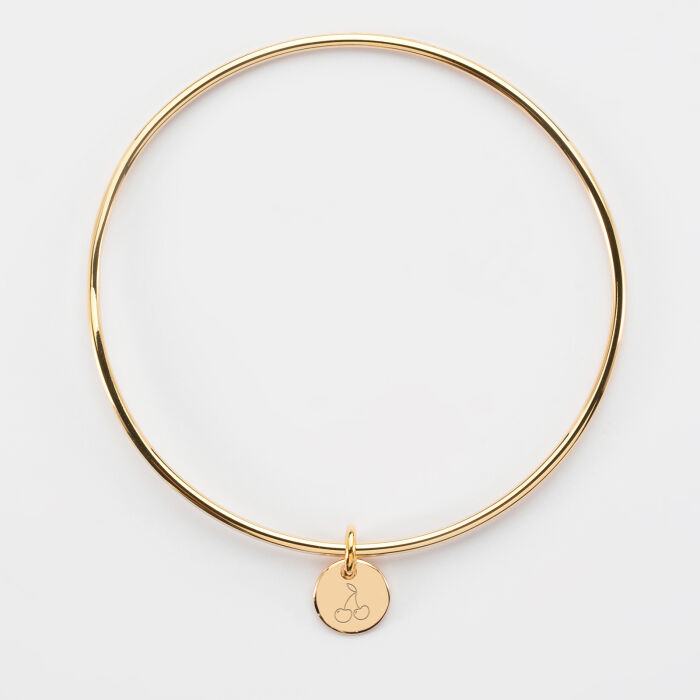 Bracelet personnalisé jonc plaqué or médaille gravée initiale 10 mm - cerises