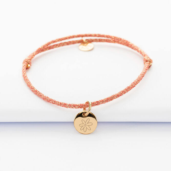 Bracelet personnalisé cordon pailleté médaille gravée plaqué or initiale 10 mm - fleur