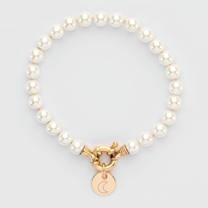 Personalized bracelet Majorca pearls clasp engraved medal gold plated 10 mm