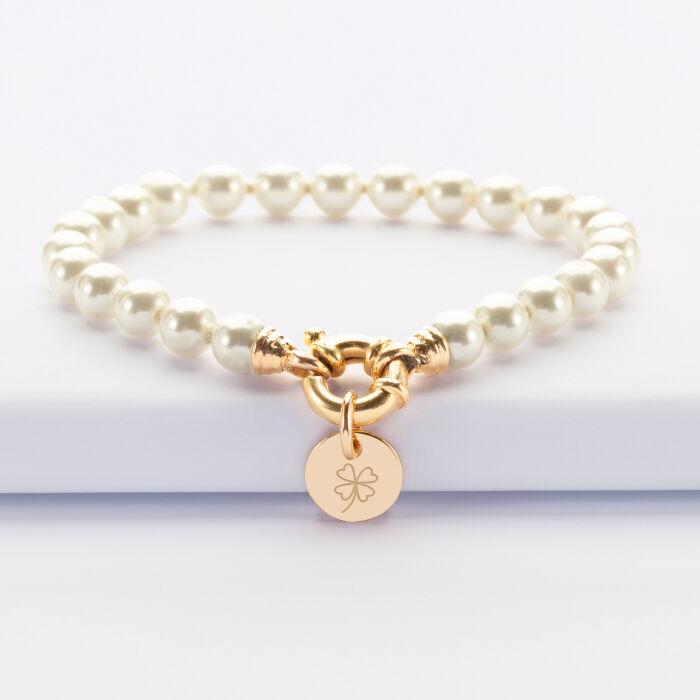 Personalized bracelet Majorca pearls clasp engraved medal gold plated 10 mm