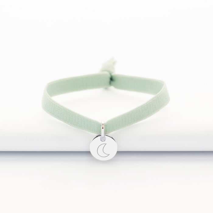 Bracelet enfant personnalisé cordon élastique médaille gravée argent initiale 10 mm - lune
