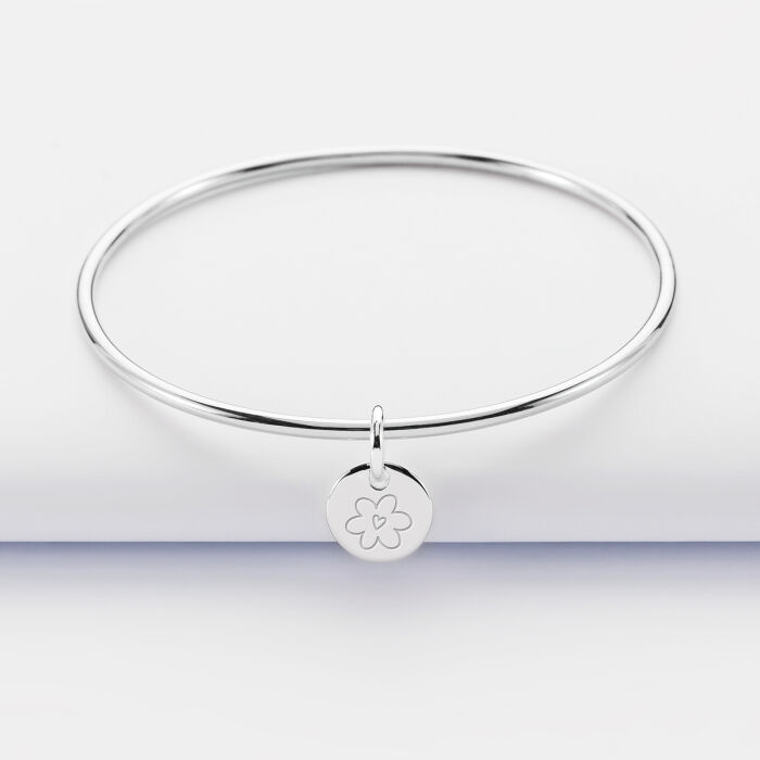 Bracelet enfant personnalisé jonc argent médaille gravée initiale 10 mm - fleur