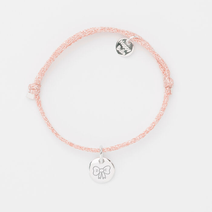 Bracelet enfant personnalisé cordon pailleté médaille gravée argent initiale 10 mm - illustration