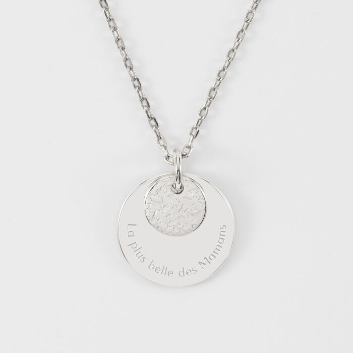 Pendentif réversible personnalisé double médailles martelées gravées argent 10 mm et 19 mm - texte