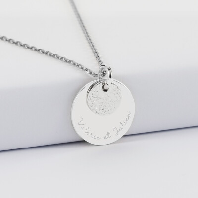 Pendentif réversible personnalisé double médailles martelées gravées argent 10 mm et 19 mm - prénoms