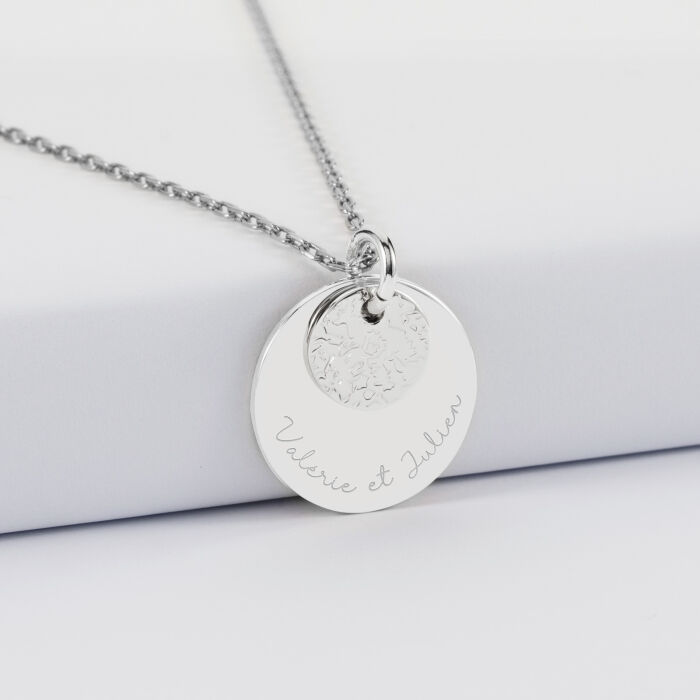 Pendentif réversible personnalisé double médailles martelées gravées argent 10 mm et 19 mm - prénoms