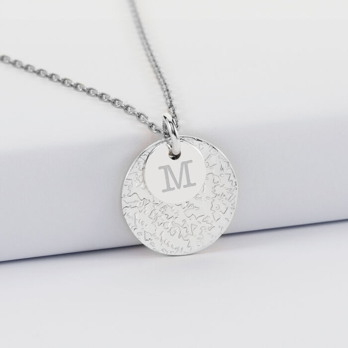 Pendentif réversible personnalisé double médailles martelées gravées argent 10 mm et 19 mm - initiale M