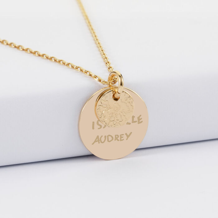 Pendentif réversible personnalisé double médailles martelées gravées plaqué or 10 mm et 19 mm - écrits