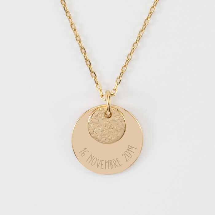 Pendentif réversible personnalisé double médailles martelées gravées plaqué or 10 mm et 19 mm - date
