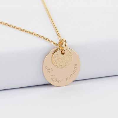 Pendentif réversible personnalisé double médailles martelées gravées plaqué or 10 mm et 19 mm - texte