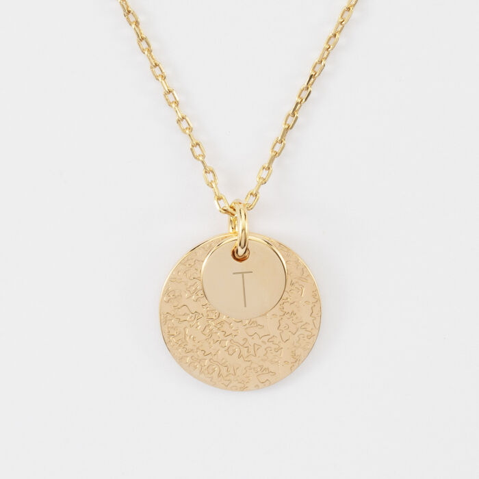 Pendentif réversible personnalisé double médailles martelées gravées plaqué or 10 mm et 19 mm - initiale T