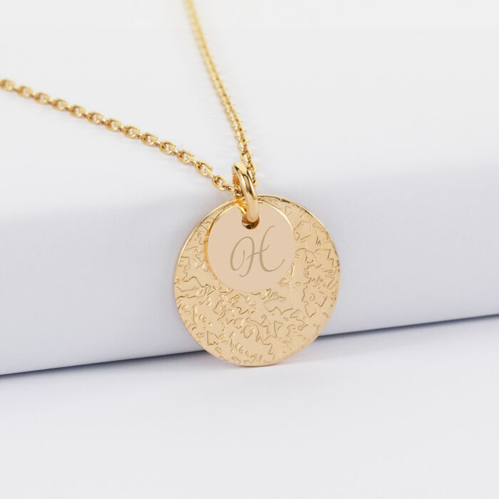 Pendentif réversible personnalisé double médailles martelées gravées plaqué or 10 mm et 19 mm - initiale H