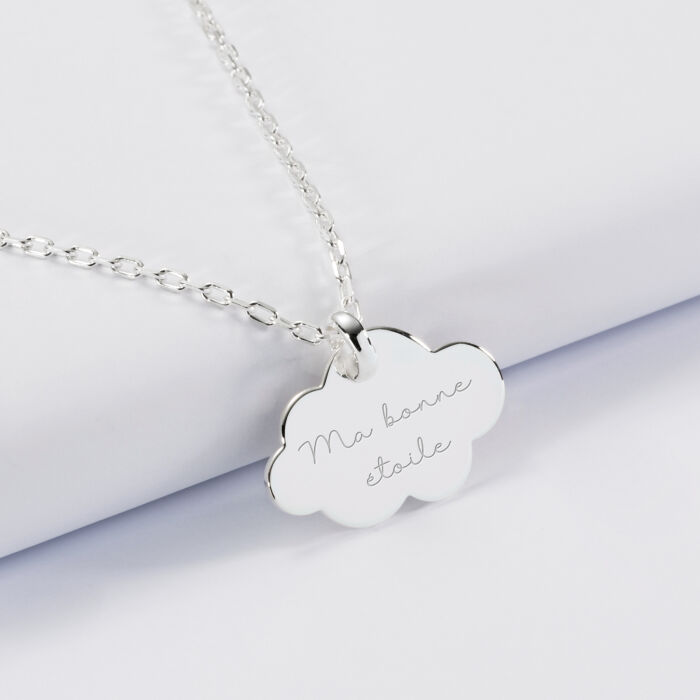 Pendentif enfant personnalisé prénom médaille gravée argent dormeuse nuage 20x14 - texte 1 nuage