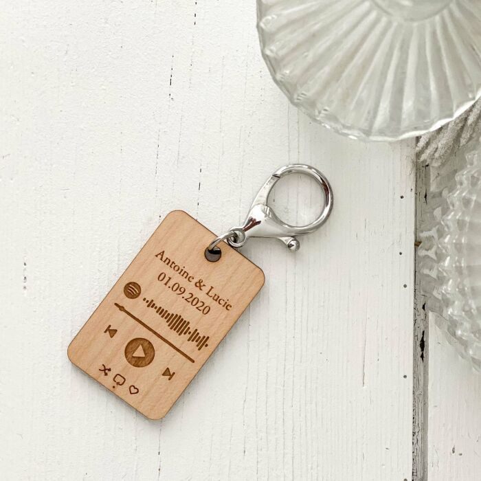 Porte clés musique personnalisé gravé bois médaille rectangle 55x35 mm - Spotify