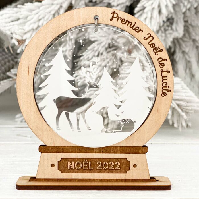 Boule à neige personnalisée bois gravé - édition spéciale "Forêt magique"