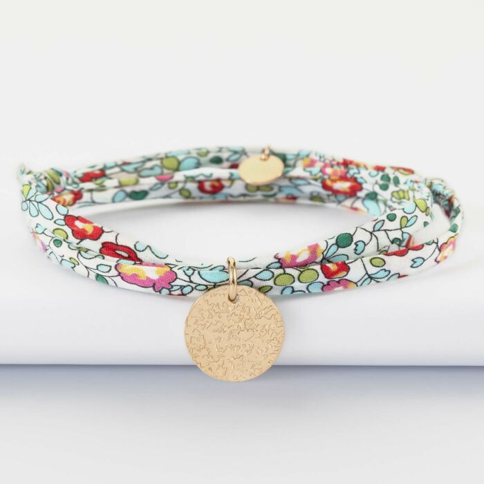 Bracelet 3 tours Liberty personnalisé médaille martelée gravée plaqué or 15 mm - texturée 2
