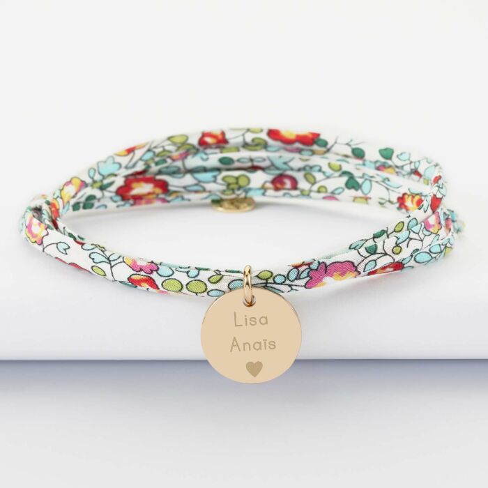 Bracelet 3 tours Liberty personnalisé médaille martelée gravée plaqué or 15 mm - prénom et coeur