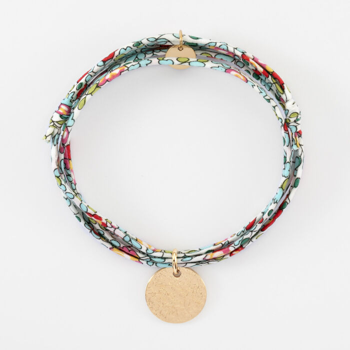 Bracelet 3 tours Liberty personnalisé médaille martelée gravée plaqué or 15 mm - texturée