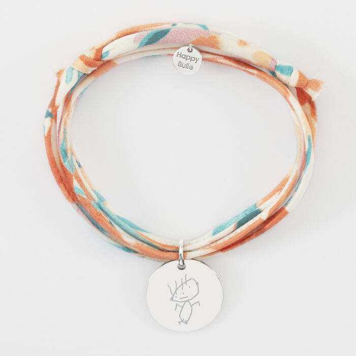 Bracelet 3 tours Liberty personnalisé médaille martelée gravée argent 19 mm - dessin