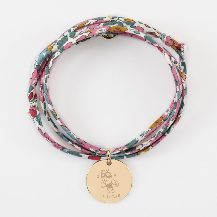 Bracelet 3 tours Liberty personnalisé médaille martelée gravée plaqué or 19 mm - dessin