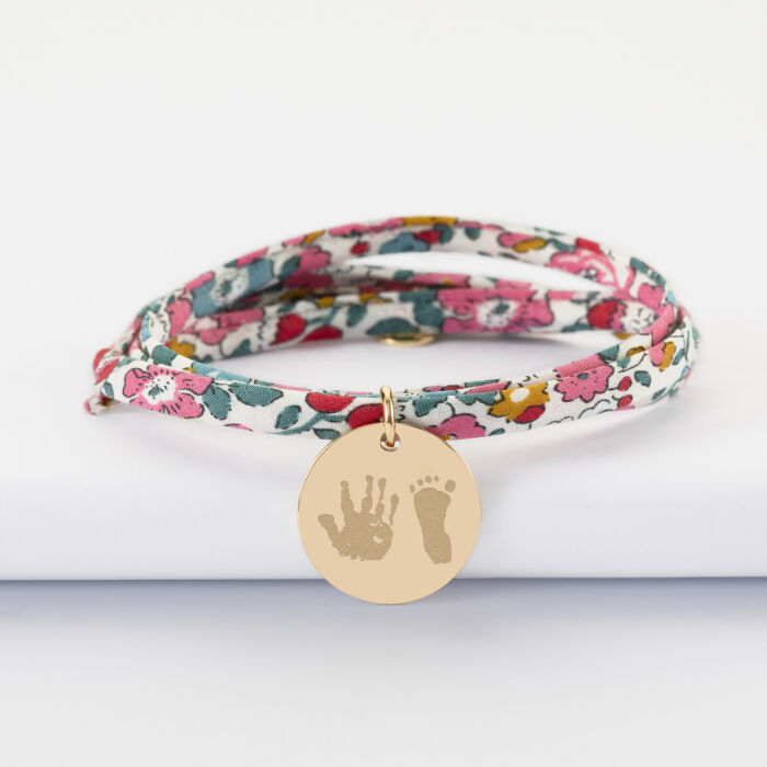 Bracelet 3 tours Liberty personnalisé médaille martelée gravée plaqué or 19 mm - empreintes