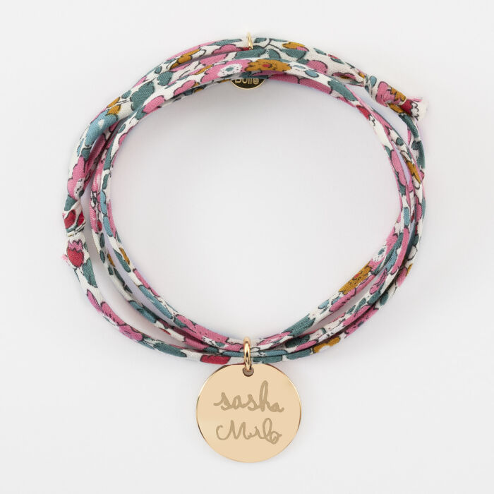 Bracelet 3 tours Liberty personnalisé médaille martelée gravée plaqué or 19 mm - écrits