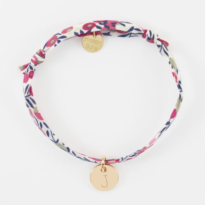 Bracelet enfant personnalisé Liberty médaille martelée gravée plaqué or 10 mm - initiale J