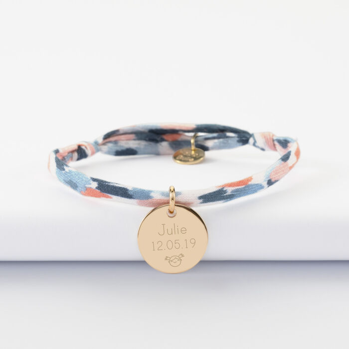 Bracelet enfant Liberty personnalisé médaille martelée gravée plaqué or 15 mm - Prénom & Date
